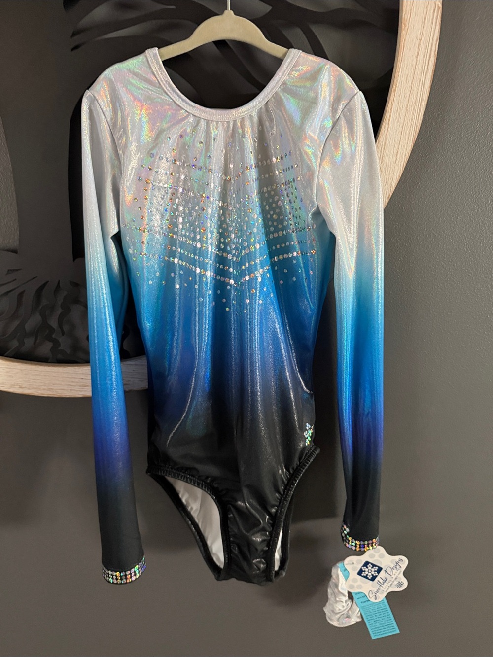 Girls Long Sleeve Ombre Gymnastics Leotard with Rhinestones - Blue Gradient